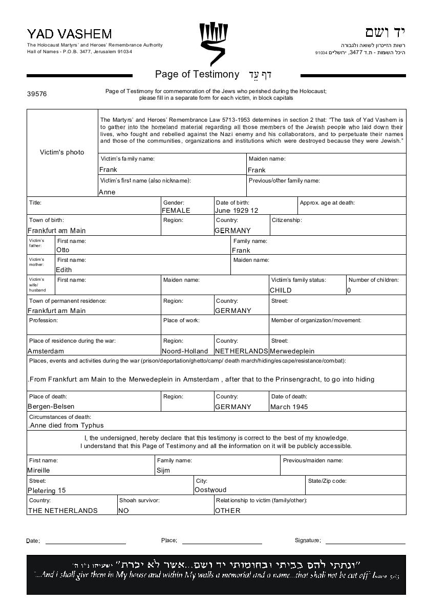 Annelies Marie Frank 1929 1945 Genealogy